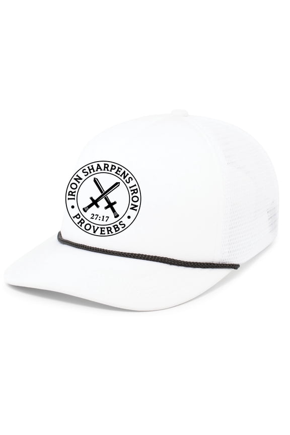 Mens Christian Iron Sharpens Iron Embroidered Rope Hat Foam Front Mesh Back Trucker Hat, White/Black