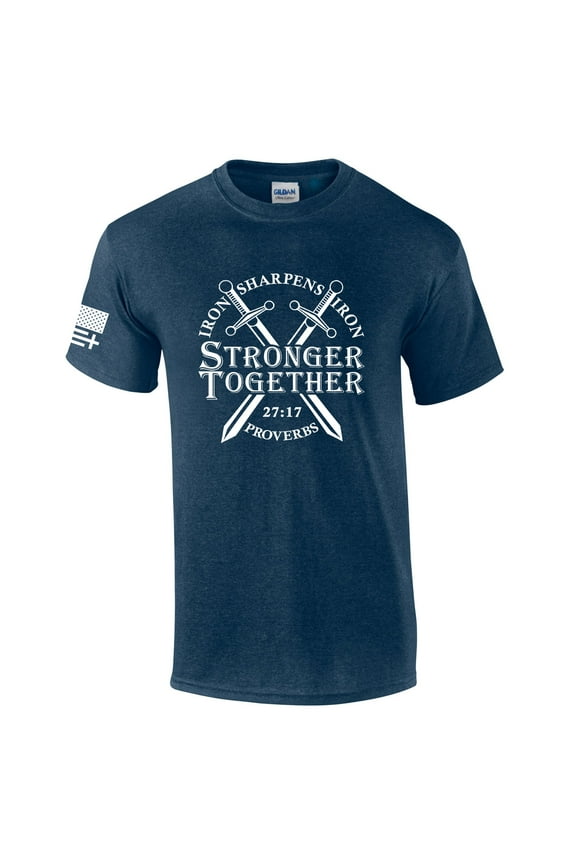 Mens Christian Iron Sharpens Iron Stronger Together Proverbs 27:17 Short Sleeve T-shirt Graphic Tee-Heather Navy-4xl