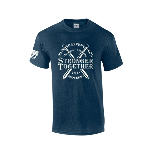 Mens Christian Iron Sharpens Iron Stronger Together Proverbs 27:17 Short Sleeve T-shirt Graphic Tee-Heather Navy-6xl