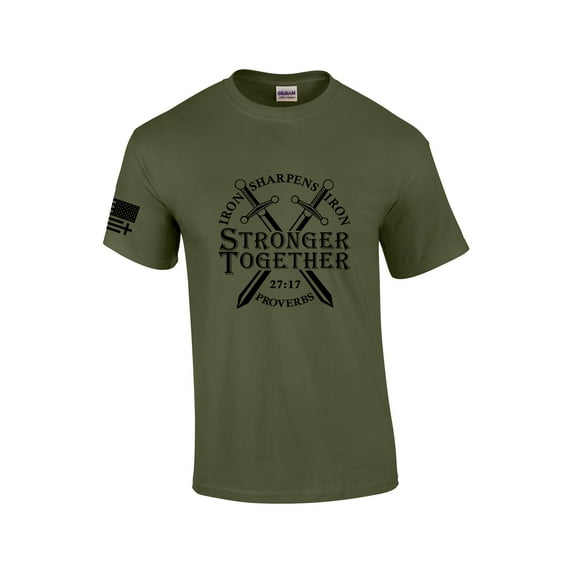 Mens Christian Iron Sharpens Iron Stronger Together Proverbs 27:17 Short Sleeve T-shirt Graphic Tee-Military-medium