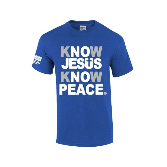Mens Christian Know Jesus Know Peace Short Sleeve T-shirt Graphic Tee-Antique Royal-large