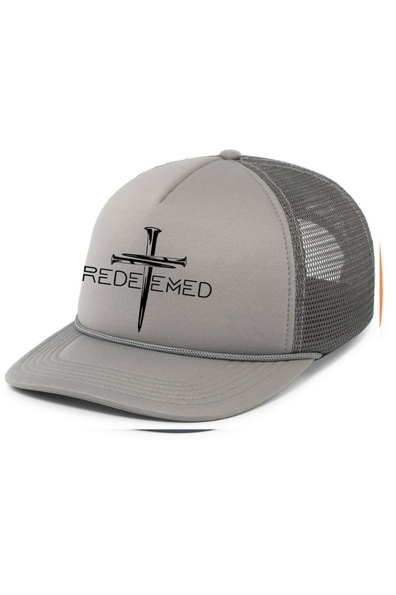 Mens Christian Redeemed Embroidered Rope Hat Foam Front Mesh Back Trucker Hat, Graphite/Graphite