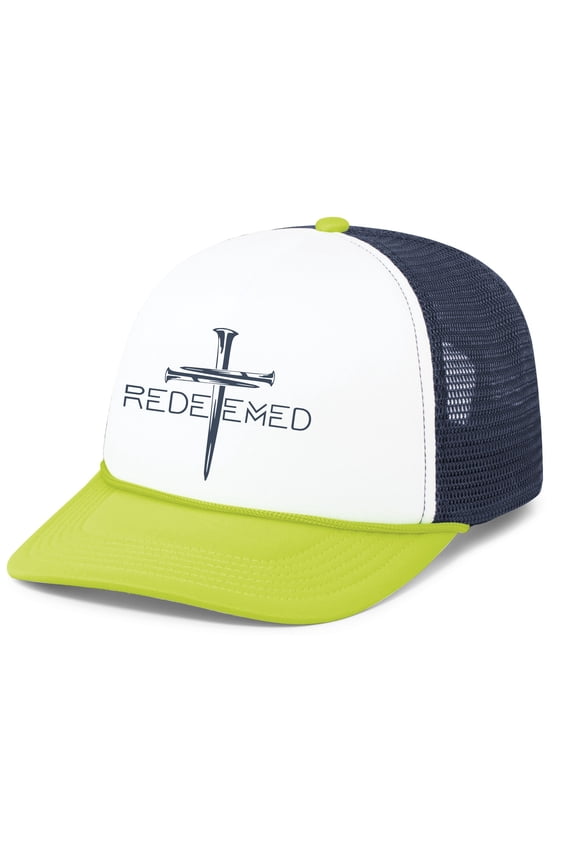 Mens Christian Redeemed Embroidered Rope Hat Foam Front Mesh Back Trucker Hat, White/Navy/Chartreuse