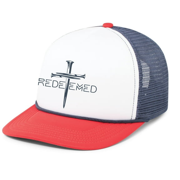 Mens Christian Redeemed Embroidered Rope Hat Foam Front Mesh Back Trucker Hat, White/Navy/Red