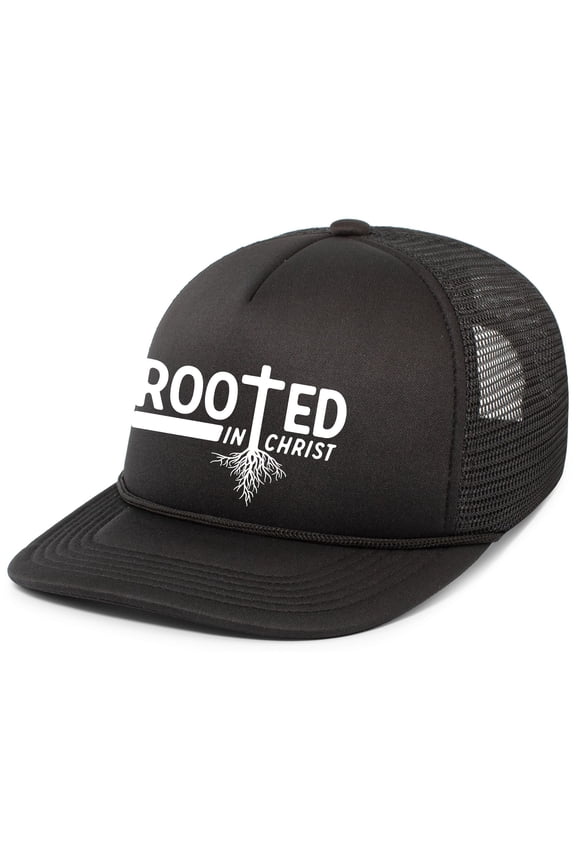 Mens Christian Rooted In Christ Embroidered Rope Hat Foam Front Mesh Back Trucker Hat, Black/Black