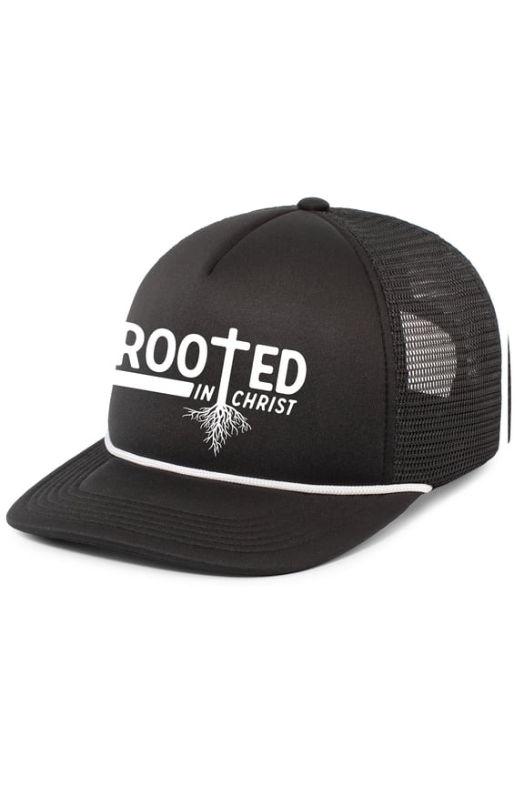 Mens Christian Rooted In Christ Embroidered Rope Hat Foam Front Mesh Back Trucker Hat, Black/White