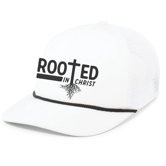Mens Christian Rooted In Christ Embroidered Rope Hat Foam Front Mesh Back Trucker Hat, White/Black