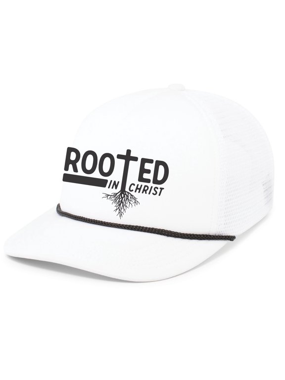 Mens Christian Rooted In Christ Embroidered Rope Hat Foam Front Mesh Back Trucker Hat, White/Black