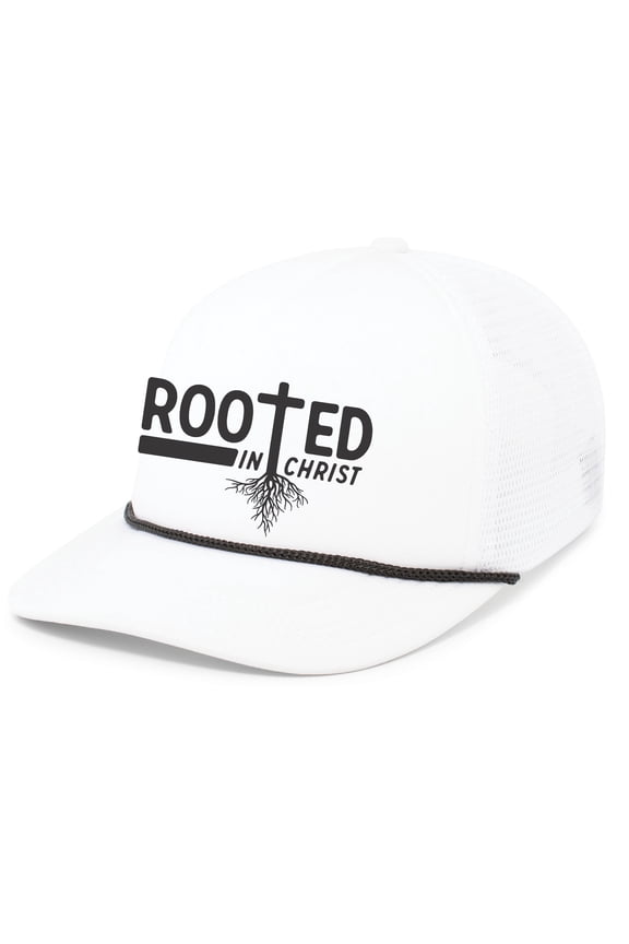 Mens Christian Rooted In Christ Embroidered Rope Hat Foam Front Mesh Back Trucker Hat, White/Black