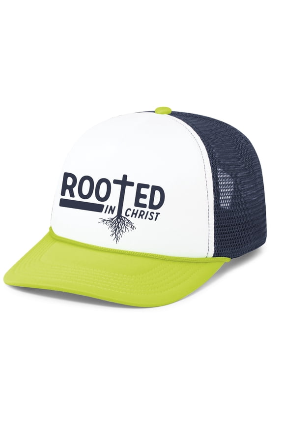 Mens Christian Rooted In Christ Embroidered Rope Hat Foam Front Mesh Back Trucker Hat, White/Navy/Chartreuse