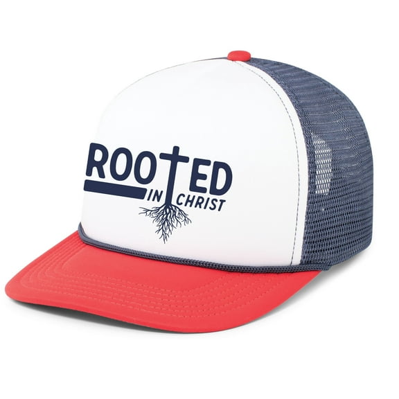 Mens Christian Rooted In Christ Embroidered Rope Hat Foam Front Mesh Back Trucker Hat, White/Navy/Red