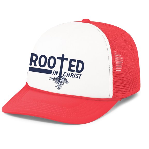 Mens Christian Rooted In Christ Embroidered Rope Hat Foam Front Mesh Back Trucker Hat, White/Red/Red