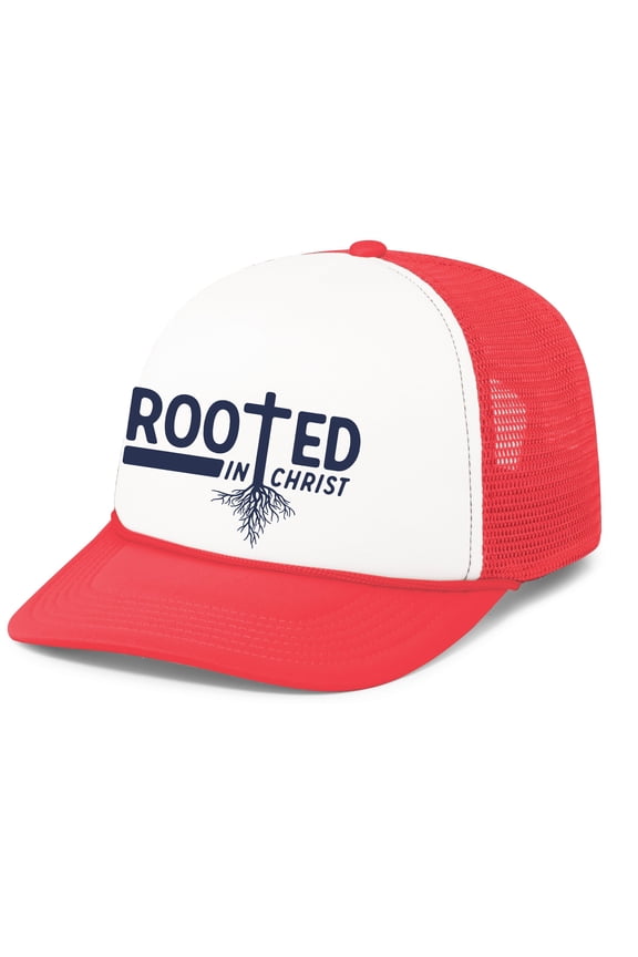 Mens Christian Rooted In Christ Embroidered Rope Hat Foam Front Mesh Back Trucker Hat, White/Red/Red