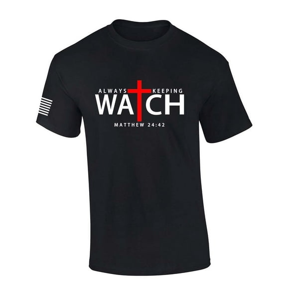 Mens Christian Shirt Always Keeping Watch Matthew 24:42 Scripture American Flag Sleeve T-shirt Graphic Tee-Black-small