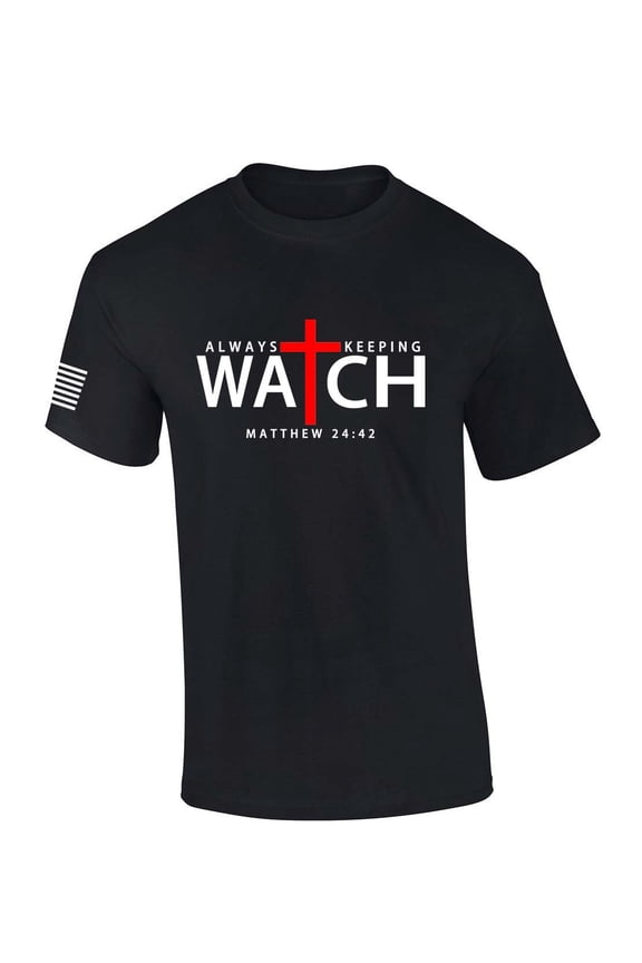 Mens Christian Shirt Always Keeping Watch Matthew 24:42 Scripture American Flag Sleeve T-shirt Graphic Tee-Black-small