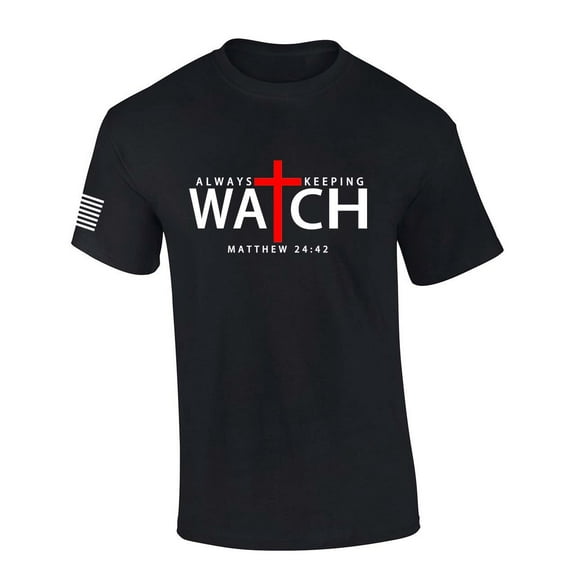 Mens Christian Shirt Always Keeping Watch Matthew 24:42 Scripture American Flag Sleeve T-shirt Graphic Tee-Black-small