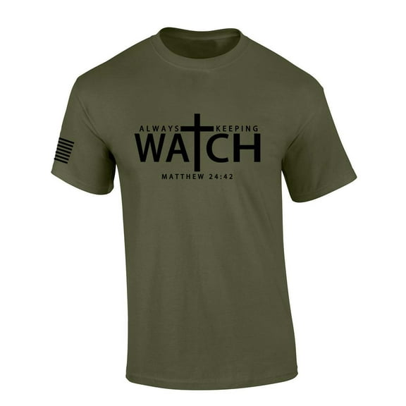 Mens Christian Shirt Always Keeping Watch Matthew 24:42 Scripture American Flag Sleeve T-shirt Graphic Tee-Military Green-6xl