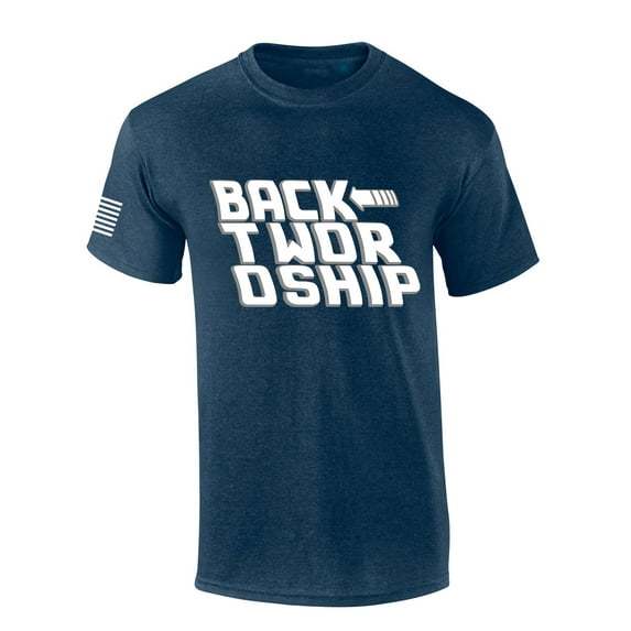 Mens Christian Shirt Back To Worship Christian Flag Sleeve Short Sleeve T-shirt Graphic Tee-Heather Navy-4xl