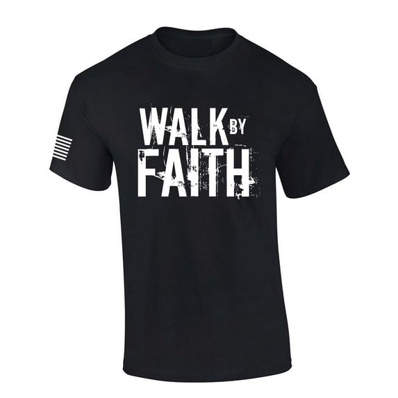 Mens Christian Shirt Distressed Walk By Faith Not By Sight Scripture American Flag Sleeve T-shirt Graphic Tee-Black-6xl