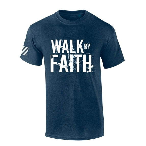 Mens Christian Shirt Distressed Walk By Faith Not By Sight Scripture American Flag Sleeve T-shirt Graphic Tee-Heather Navy-small
