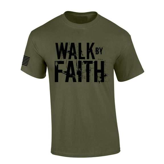 Mens Christian Shirt Distressed Walk By Faith Not By Sight Scripture American Flag Sleeve T-shirt Graphic Tee-Military Green-small