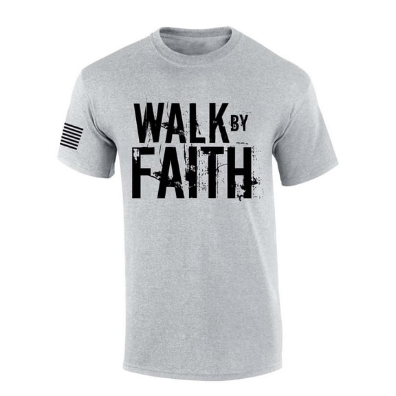 Mens Christian Shirt Distressed Walk By Faith Not By Sight Scripture American Flag Sleeve T-shirt Graphic Tee-Sports Grey-small