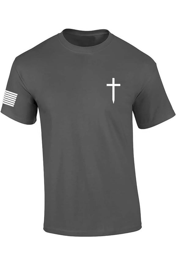 Mens Christian Shirt Faith Cross Crest American Flag Sleeve T-shirt Graphic Tee-Charcoal-medium