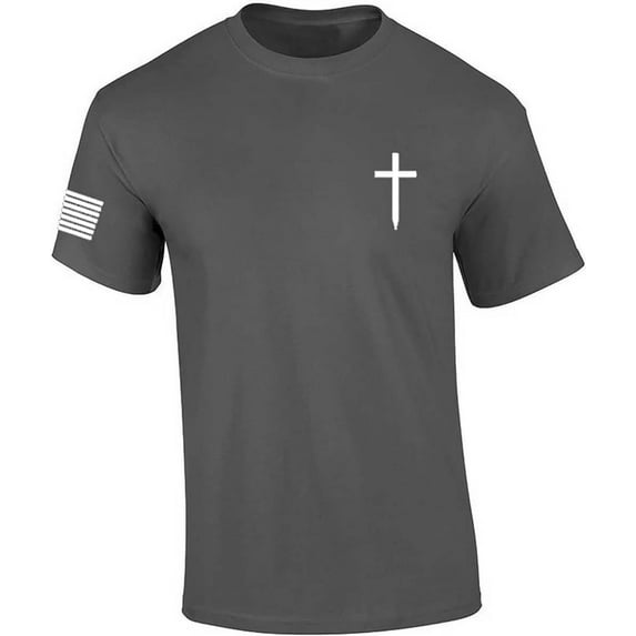Mens Christian Shirt Faith Cross Crest American Flag Sleeve T-shirt Graphic Tee-Charcoal-xxxl