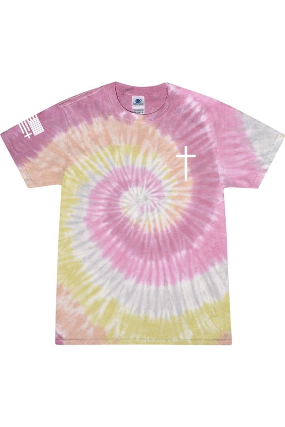 Mens Christian Shirt Faith Cross Crest American Flag Sleeve T-shirt Graphic Tee-Desert Rose Tie Dye-large