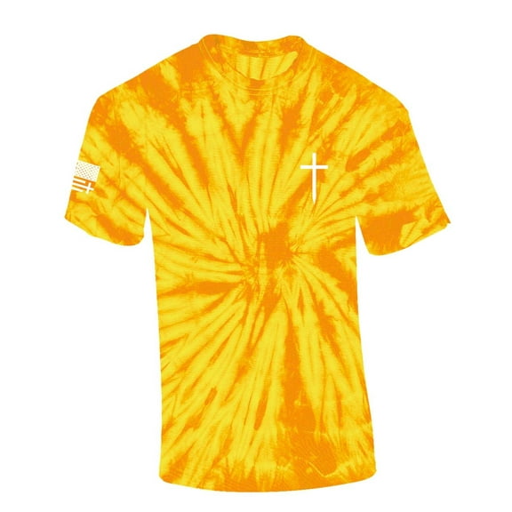 Mens Christian Shirt Faith Cross Crest American Flag Sleeve T-shirt Graphic Tee-Gold Tie Dye-xxl
