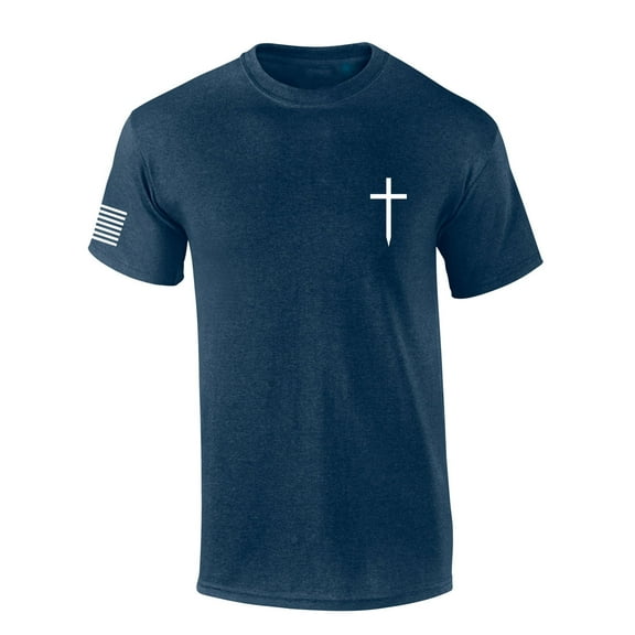Mens Christian Shirt Faith Cross Crest American Flag Sleeve T-shirt Graphic Tee-Heather Navy-5xl
