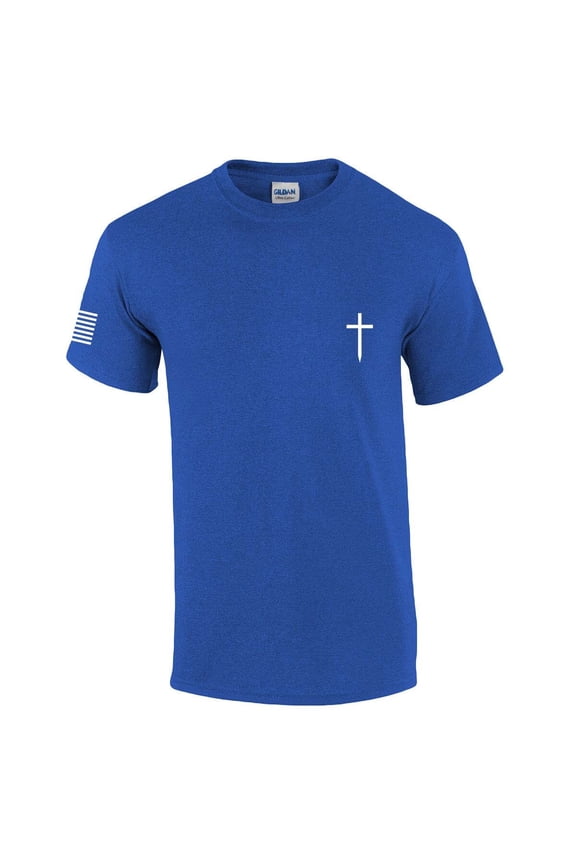 Mens Christian Shirt Faith Cross Crest American Flag Sleeve T-shirt Graphic Tee-Heather Royal-xxxl
