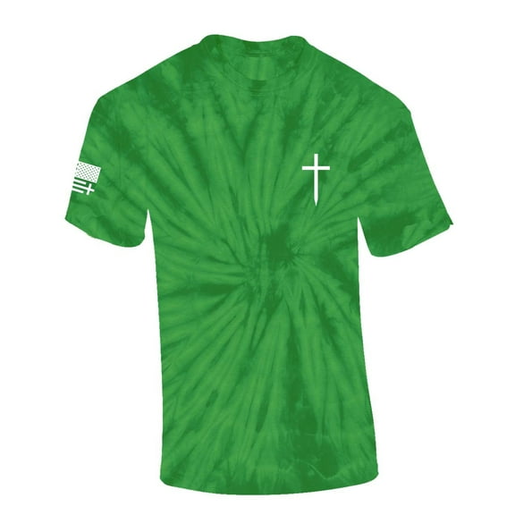 Mens Christian Shirt Faith Cross Crest American Flag Sleeve T-shirt Graphic Tee-Kelly Tie Dye-large