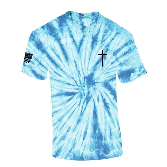 Mens Christian Shirt Faith Cross Crest American Flag Sleeve T-shirt Graphic Tee-Light Blue Tie Dye-large