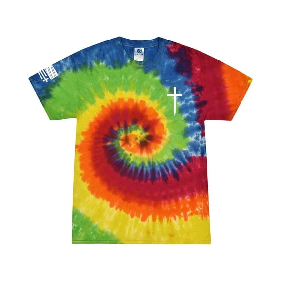 Mens Christian Shirt Faith Cross Crest American Flag Sleeve T-shirt Graphic Tee-Moondance Tie Dye-large