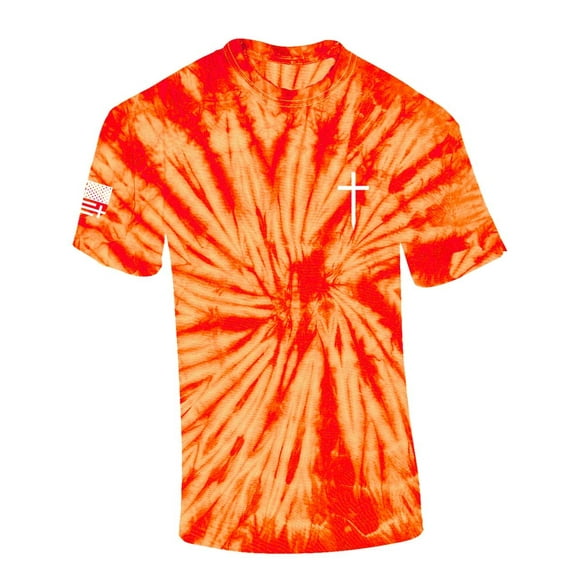 Mens Christian Shirt Faith Cross Crest American Flag Sleeve T-shirt Graphic Tee-Orange Tie Dye-large