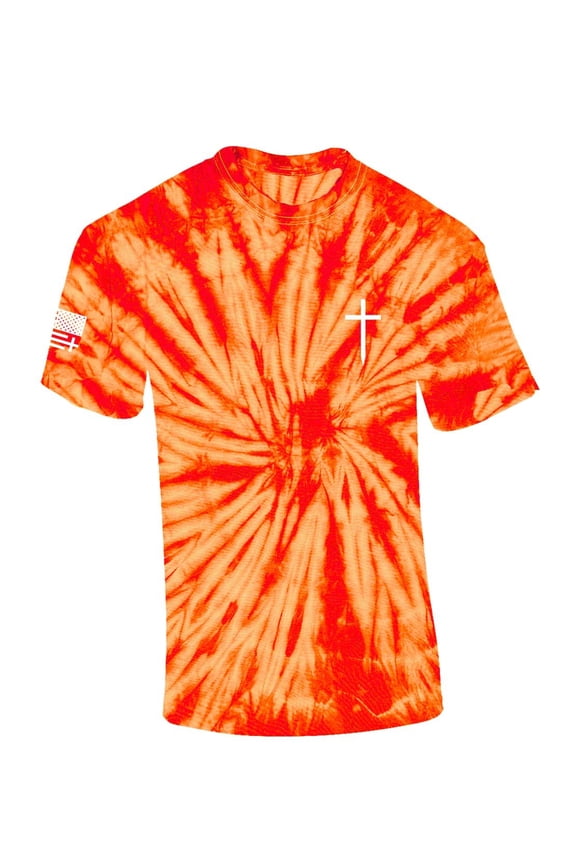 Mens Christian Shirt Faith Cross Crest American Flag Sleeve T-shirt Graphic Tee-Orange Tie Dye-xxl