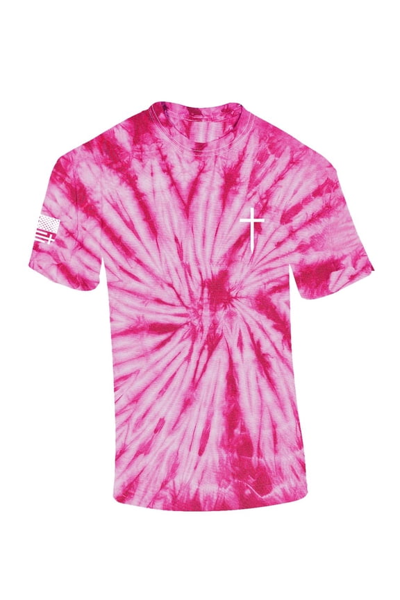 Mens Christian Shirt Faith Cross Crest American Flag Sleeve T-shirt Graphic Tee-Pink Tie Dye-xxxl