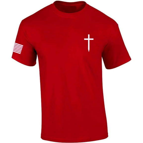 Mens Christian Shirt Faith Cross Crest American Flag Sleeve T-shirt Graphic Tee-Red-large