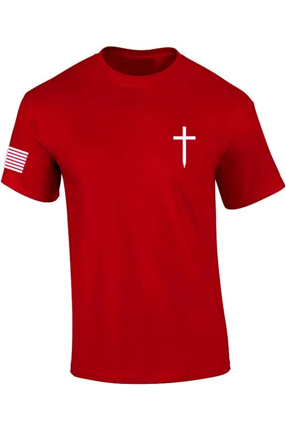 Mens Christian Shirt Faith Cross Crest American Flag Sleeve T-shirt Graphic Tee-Red-small