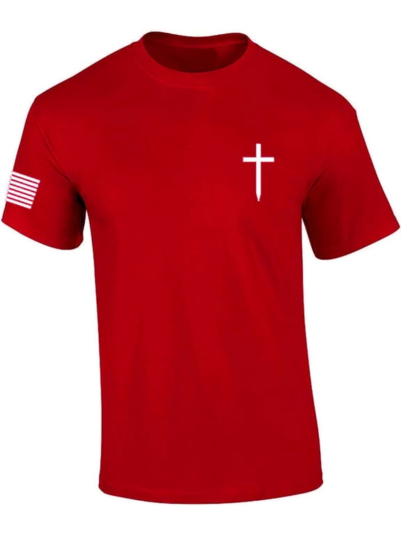 Mens Christian Shirt Faith Cross Crest American Flag Sleeve T-shirt Graphic Tee-Red-xl
