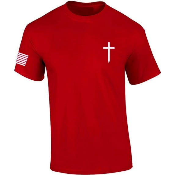 Mens Christian Shirt Faith Cross Crest American Flag Sleeve T-shirt Graphic Tee-Red-xxl