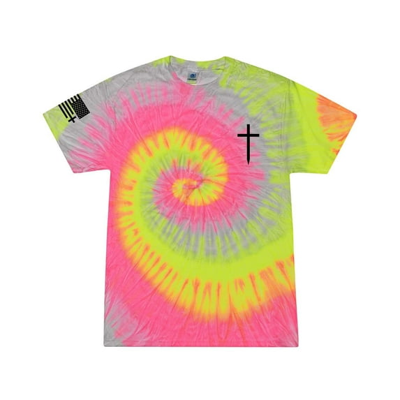 Mens Christian Shirt Faith Cross Crest American Flag Sleeve T-shirt Graphic Tee-Silver Rainbow Tie Dye-xxl
