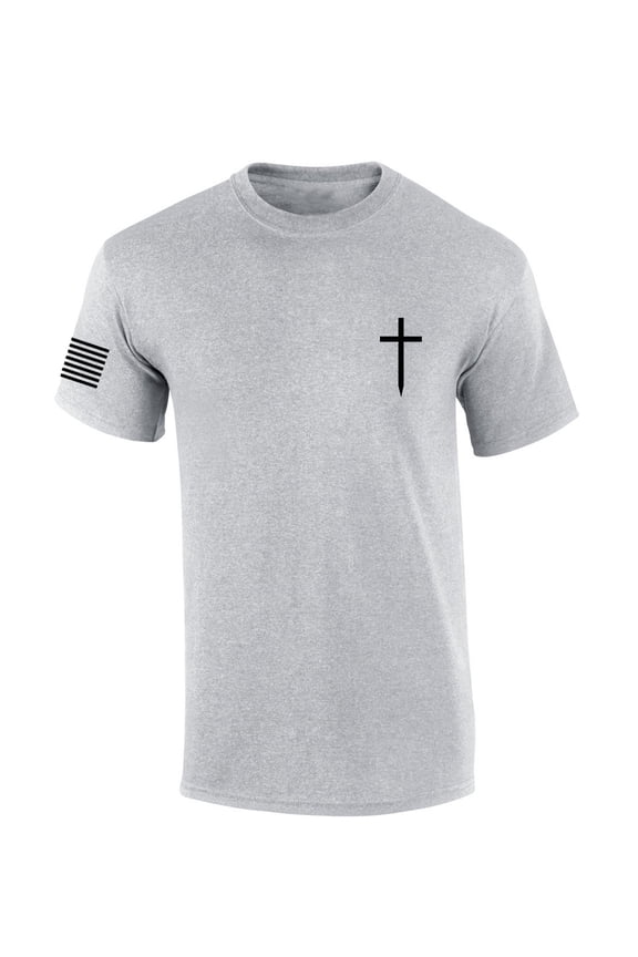 Mens Christian Shirt Faith Cross Crest American Flag Sleeve T-shirt Graphic Tee-Sports Grey-medium