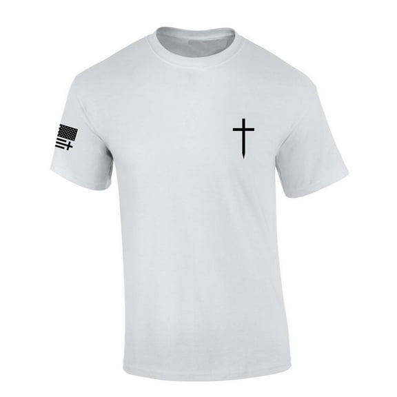 Mens Christian Shirt Faith Cross Crest American Flag Sleeve T-shirt Graphic Tee-White-small