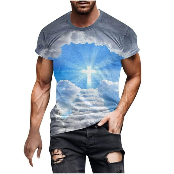 Mens Christian Shirt Faith Cross Short Sleeve T-shirt Graphic Tee Printed Retro Casual Tees Shirts Summer Trendy Comfy Tops, Light Blue (Medium)