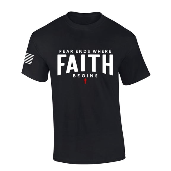 Mens Christian Shirt Fear Ends Where Faith Begins Scripture American Flag Sleeve T-shirt Graphic Tee-Black-medium