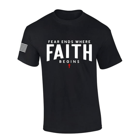 Mens Christian Shirt Fear Ends Where Faith Begins Scripture American Flag Sleeve T-shirt Graphic Tee-Black-xl