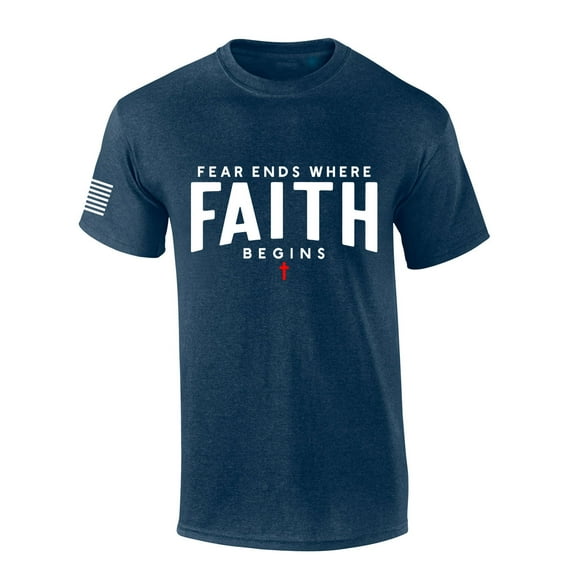 Mens Christian Shirt Fear Ends Where Faith Begins Scripture American Flag Sleeve T-shirt Graphic Tee-Heather Navy-medium