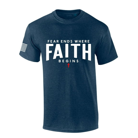 Mens Christian Shirt Fear Ends Where Faith Begins Scripture American Flag Sleeve T-shirt Graphic Tee-Heather Navy-xxl